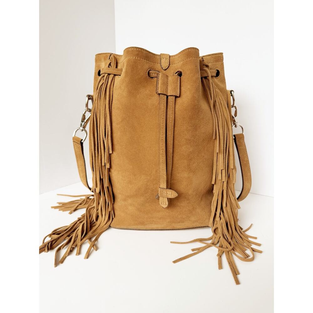 Ralph Lauren Ricky Fringe Bucket Bag Suede Camel Leather Drawstring Crossbody - Picture 9 of 16